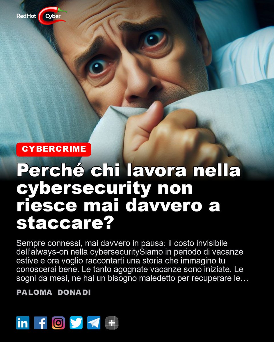 redhotcyber's tweet photo. Perché chi lavora nella cybersecurity non riesce mai davvero a staccare?
📌 Link all'articolo : https://t.co/ihGyw9aLCR
Paloma Donadi
#redhotcyber #cybersecurity #cybercrime #hacking #cti #ai #privacy #news #technology https://t.co/dqgSH379hh