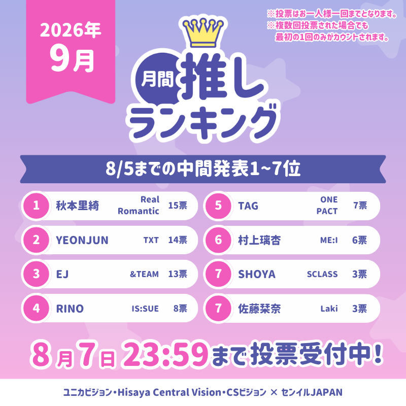 birthday_ad_jp's tweet photo. ／
 2026年月間推しランキング「9月の推し」中間発表！
 Xフォローキャンペーン実施中🗳️
＼

投票終了まであと2日！
今夜は、TOP7にランクインしている推したちを公開します！

締切：8/7 23:59

投票を呼びければ、まだまだ上位ランクインの可能性も👑✨
投票はこちらから👇
https://t.co/wFm8BT1crN https://t.co/y2UGBiIgxU