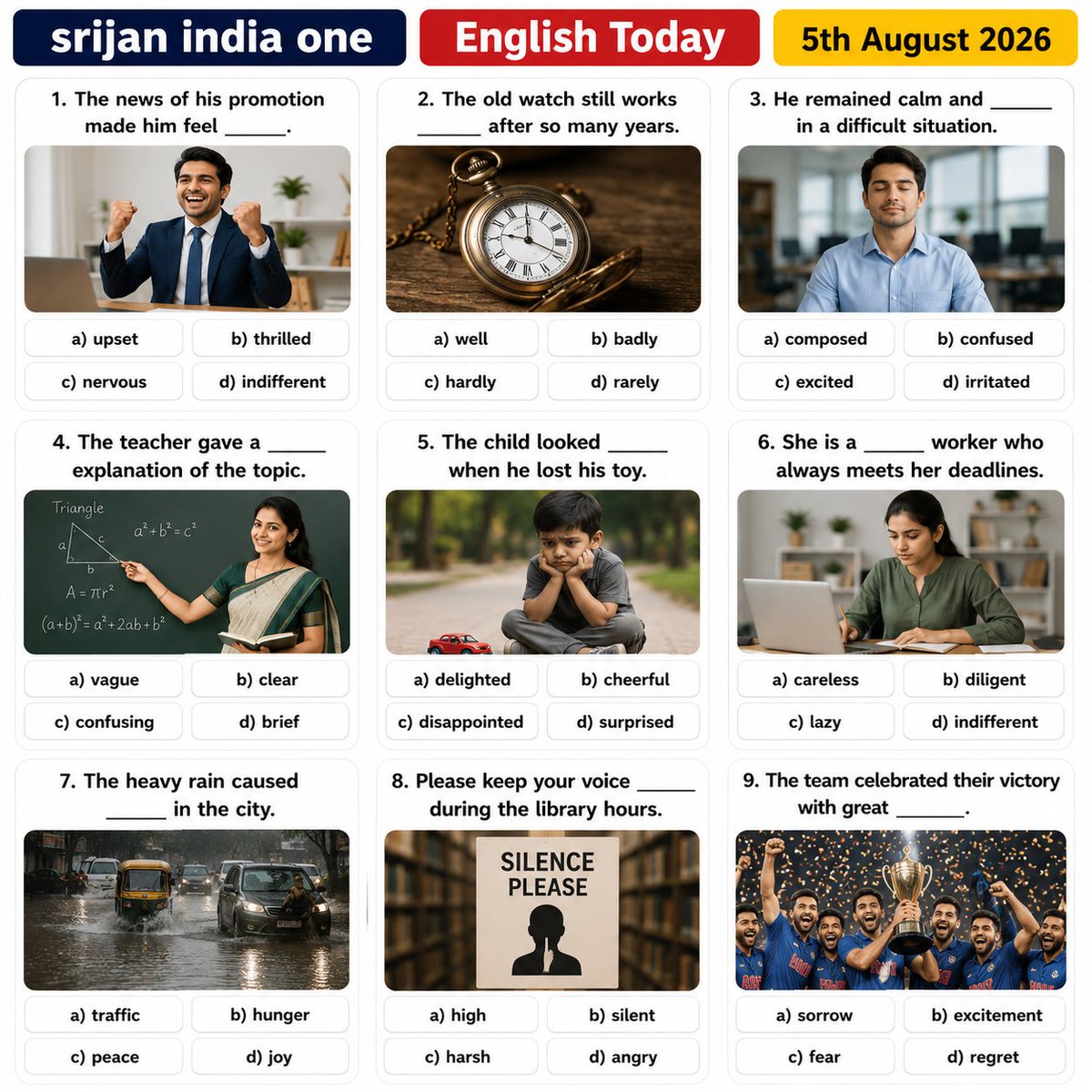 SrijanIndiaOne's tweet photo. 5th August 2026
English Today
🎯 Can you score 9/9 today?
Challenge yourself with today's English Today quiz!
📝 9 Image-Based Questions
📚 Practical Vocabulary
💡 Real-Life English Usage
🎓 Designed for Competitive Exams
#EnglishToday #DailyEnglish #VocabularyBuilding #UPSCPreparation #EnglishQuiz #SrijanIndiaOne