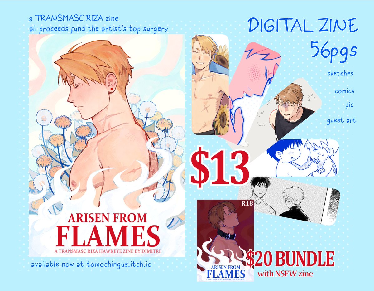 tomochingus's tweet photo. 🏳️‍⚧️ ARISEN FROM FLAMES: A Transmasc Riza Zine 🏳️‍⚧️

My DIGITAL ZINE for my Transmasc Riza AU is out!! With over 100 pages across both SFW &amp; NSFW versions, it is finally complete!

This zine was made to help with the costs from my own top surgery, please consider taking a look!

🔗⬇️ https://t.co/awnHM1iHiv