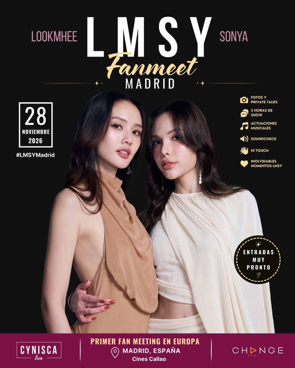 Lookmheewang's tweet photo. Madrid, we’re coming! ✈️🇪🇸

¡Besties, estamos muy emocionadas de encontrarnos con todas vosotras en nuestro primer fan meeting en Europa este noviembre! 💕

Join us on November 28th at Cines Callao in Madrid for this amazing event ✨

It makes us so happy to know that we will share this special day with fans coming from Spain and from so many different countries 🌍. We feel your love and support every day, and it means more to us than words can say. Knowing that we will finally share this magical moment together in Madrid fills our hearts with happiness and joy 🫶

We are so looking forward to visiting Spain, meeting you all, and making unforgettable memories together.

This event is organized by the women of @CyniscaLive. You can find all the information at 👉 @CyniscaLiveLMSY (X) and @cyniscalive.lmsy (Instagram and TikTok) 

เจอกันที่มาดริดนะคะ

¡Nos vemos muy pronto! Sending you lots of love!

We love you, os queremos, รักทุกคนนะคะ 💗