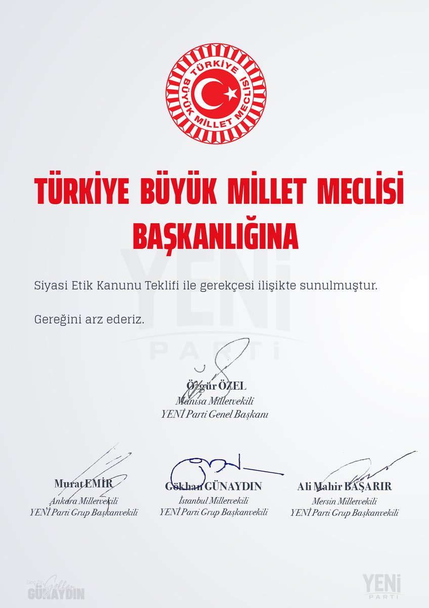 gunaydingokhan's tweet photo. Yeni Parti’nin ilk dört kanun teklifi;
1- Siyasi Etik,
2- Asgari Ücretin Artırılması,
3- Şehit ve Gazi Yakınları,
4- Askeri Sağlık Sistemi.. https://t.co/I3cnr10zgi