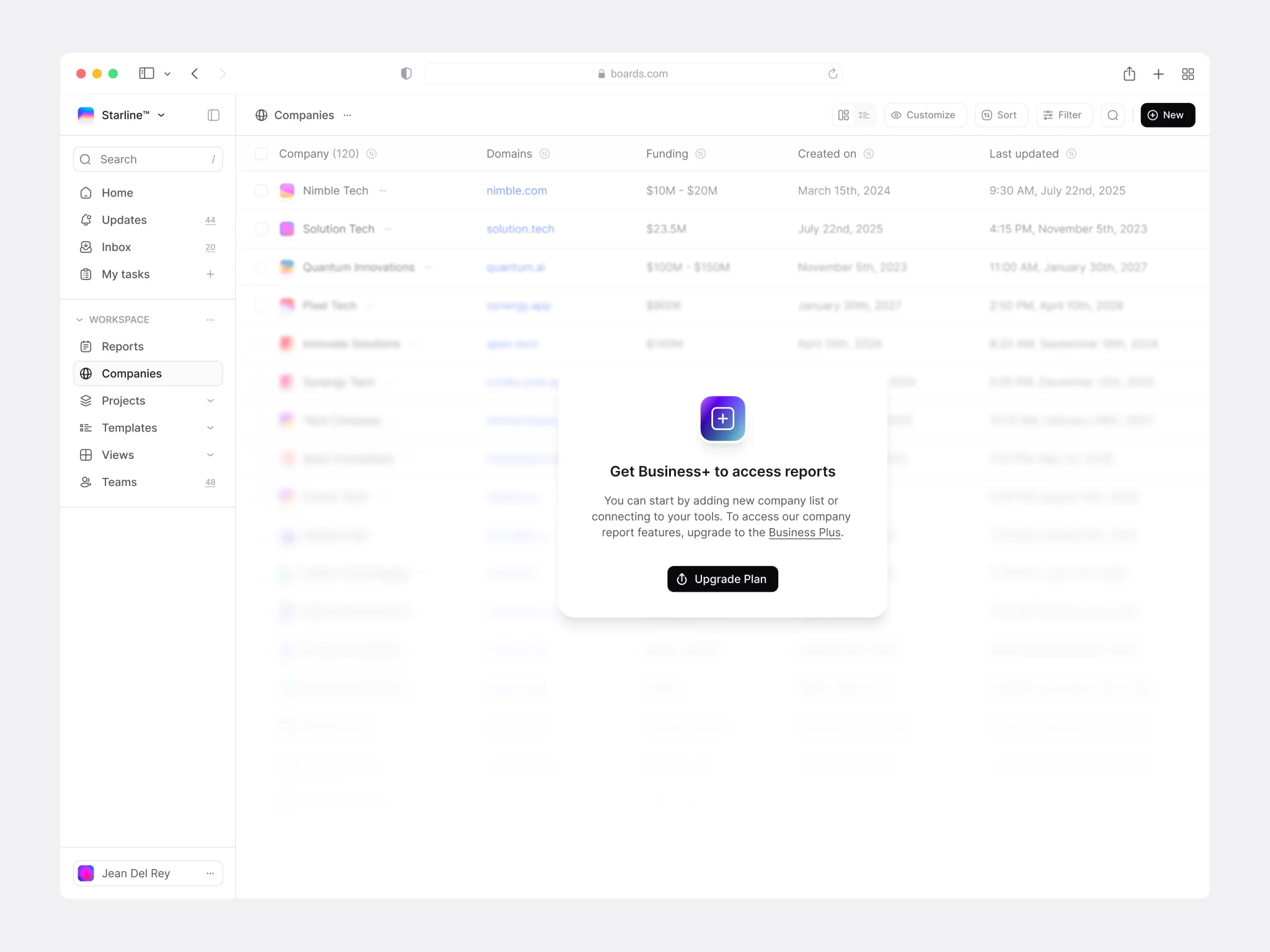 SaaS 워크스페이스 — 표 위 페이월 업그레이드 모달