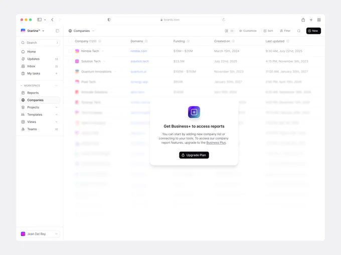 SaaS 워크스페이스 — 표 위 페이월 업그레이드 모달