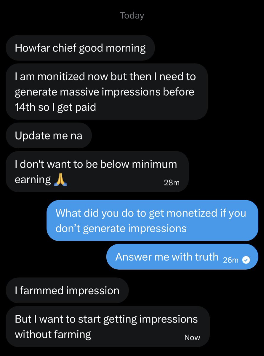 Jerrankingmedi9's tweet photo. Now this is what I preach against in my spaces 

Don’t farm impressions on big accounts and think you are doing the right thing 

Stop it, now he is monetised but he doesn’t have the engagement that will give him his own impression from his own account to get him paid.

STOP FARMING FROM BIG ACCOUNTS AND USE MY STRATEGY TO GET MONETISED ORGANICALLY