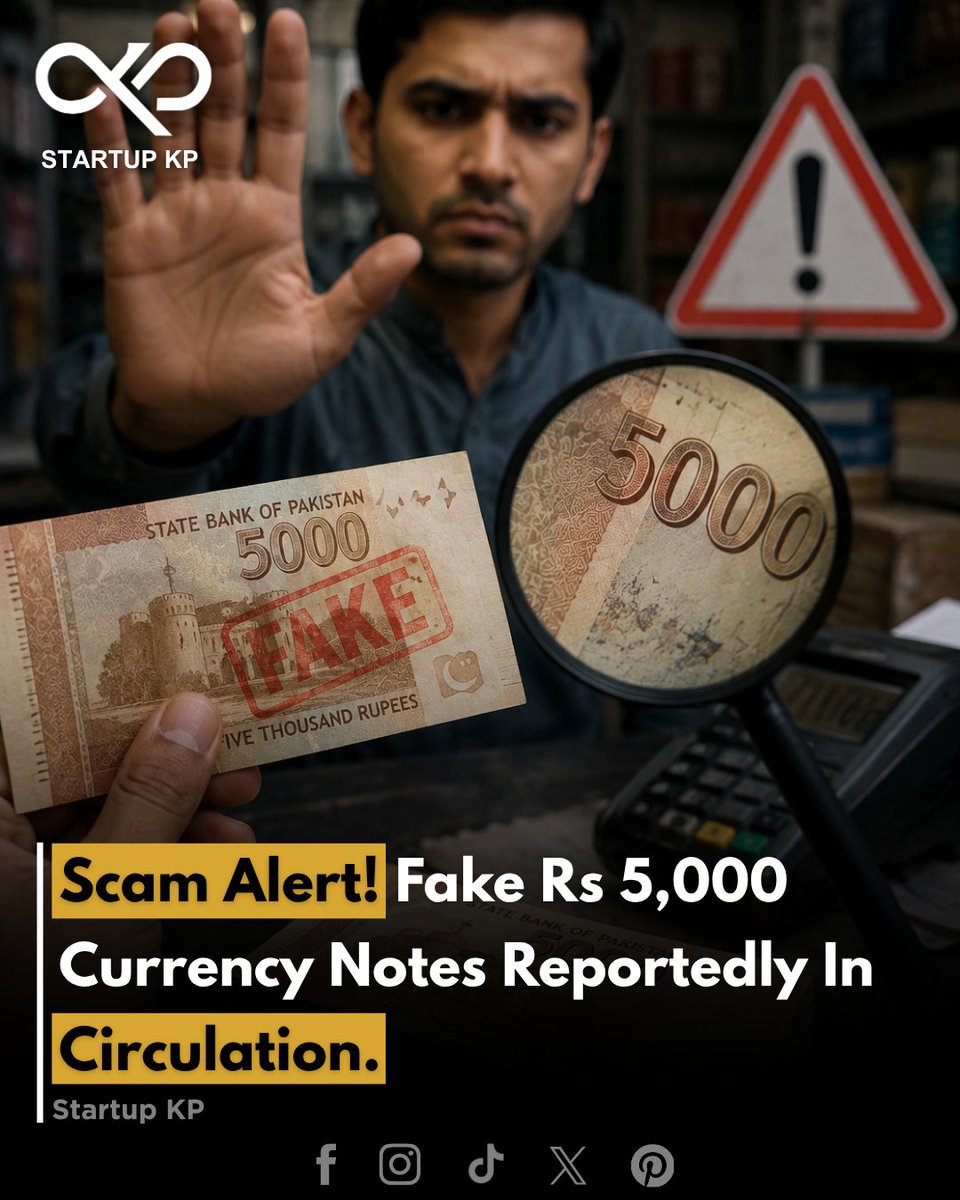 theStartupkp's tweet photo. Reports circulating on social media have raised concerns about counterfeit Rs. 5,000 currency notes all-gedly being found in circulation across parts of Pakistan. 

#thestartupkp #Pakistan #fakecurrency #ScamAlerts #FinancialAwareness #currencysafetynet #BreakingNews #stayalerted https://t.co/OhG1qcnkgA