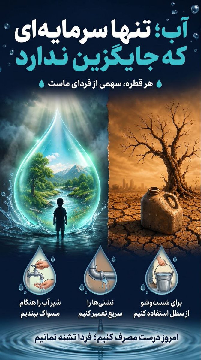 bano3281's tweet photo. 💧 آب؛ تنها سرمایه‌ای که جایگزین ندارد...
آب را مصرف نکنیم؛ مدیریت کنیم.
💬 شما برای صرفه‌جویی در مصرف آب چه کاری انجام می‌دهید؟ ایده‌تان را در کامنت بنویسید تا دیگران هم یاد بگیرند.
📲 این پست را برای ۳ نفر بفرست؛ شاید با همین کار، هزاران لیتر آب حفظ شود.
#همیار_انرژی https://t.co/ncfBDt8cEF