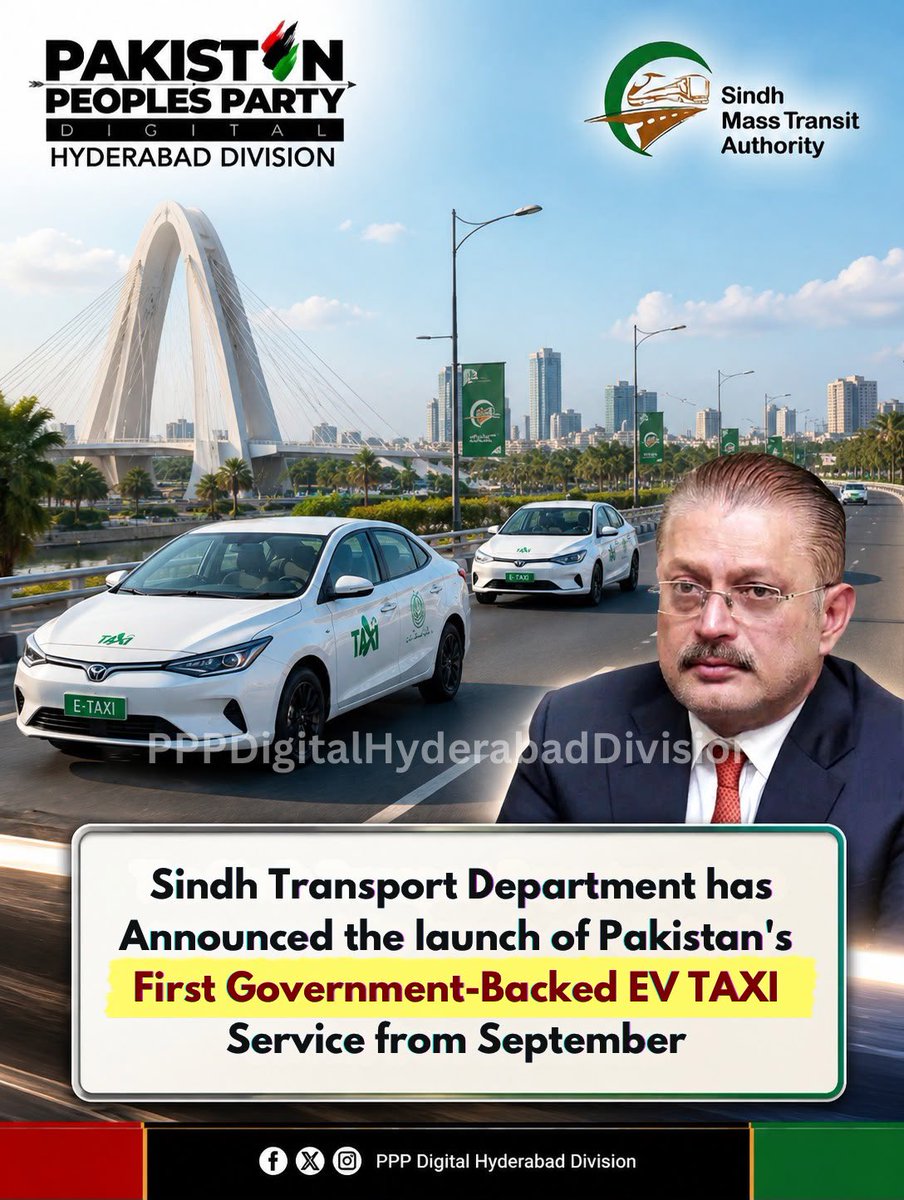 PPPDigitalHydD's tweet photo. Senior Minister Sindh, Mass Transit &amp; Information, Sharjeel Inam Memon announced Pakistan’s first government-backed EV Taxi Service is set to launch this September under the Sindh Government’s transport initiative. https://t.co/Wa2KQXmjlq