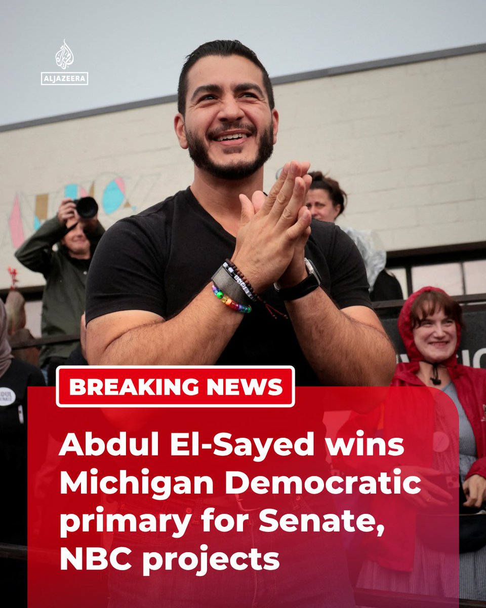 AJEnglish's tweet photo. BREAKING: Abdul El-Sayed, a progressive public health advocate, has won the Democratic nomination for the US Senate, overcoming more than $60m in campaign spending, mostly from pro-Israel groups, NBC has projected.

🔗: https://t.co/uINtHkg48d https://t.co/KOUt9xqBmk