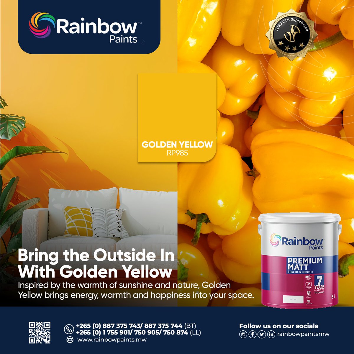 rainbowpaintsmw's tweet photo. Let your space glow with the warmth of Golden Yellow. Inspired by sunshine and the beauty of nature, this vibrant shade brings energy and optimism wherever it goes.
Would Golden Yellow brighten up your space? Let us know below.
#RainbowPaints #BringTheOutsideIn #GoldenYellow https://t.co/SZTPkVdEK0