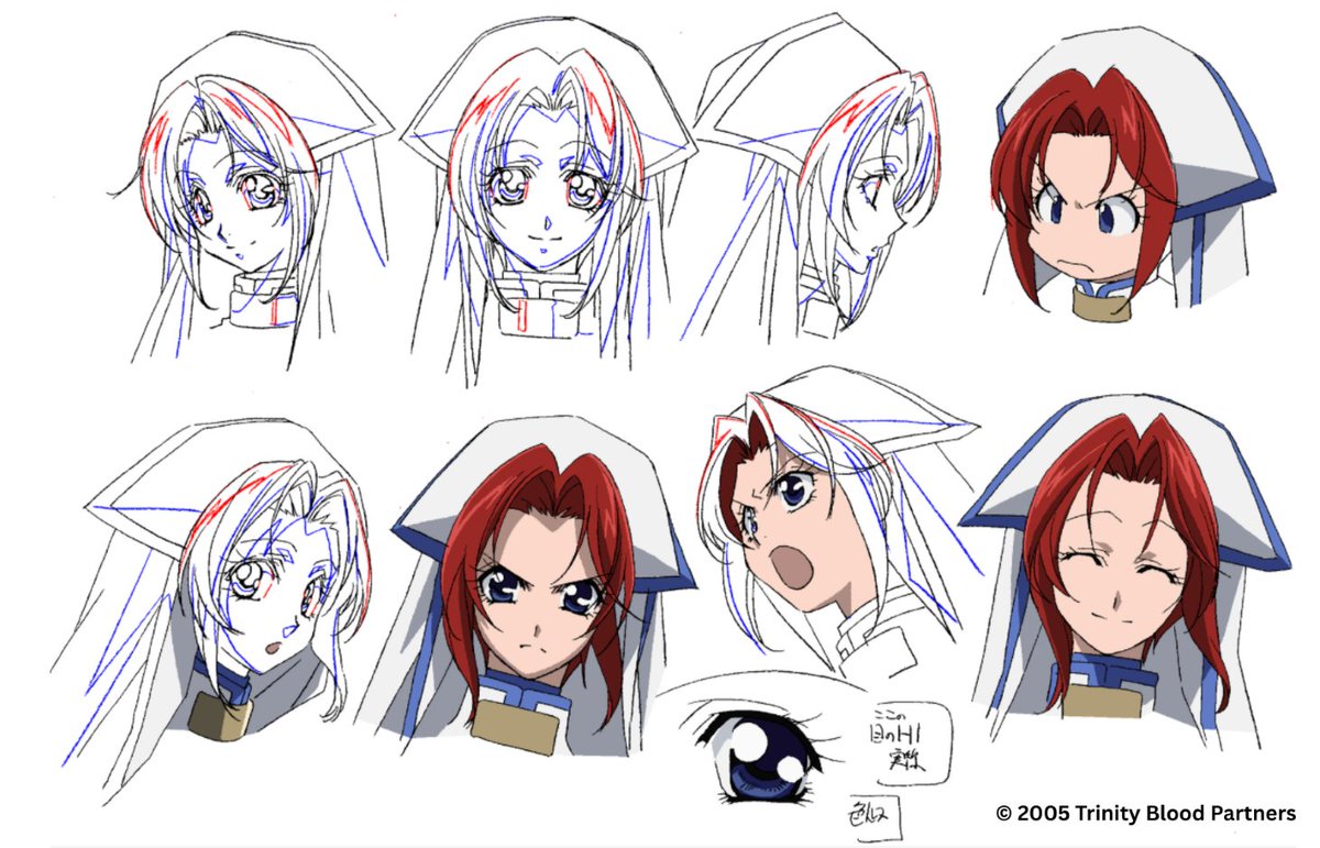 GonzoAnimeIntl's tweet photo. ✨Work Wednesday✨ 
From initial design, to hand drawn, to colorized, to painted, and so much more. Every character design go through so many revisions and edits all to end up with the characters you finally see in the anime you love. Just have a look at the design for Esther from #TrinityBlood! 
#Anime #CharacterDesign #WorkWednesday @thoresiva