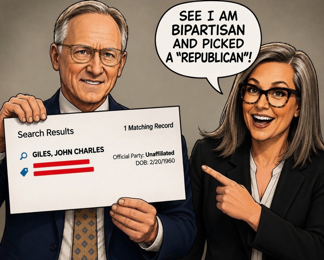 realDanFarley's tweet photo. Democrat Governor Katie Hobbs’s pick for Lt. Governor is NOT a Republican & hasn’t been for some time so the “news” headlines are dishonest! Katie Hobbs is so “bipartisan” she vetoed 541 bills in less than 4 yrs & refuses to debate, the only AZ Governor candidate in over 70 yrs to refuse to debate.
