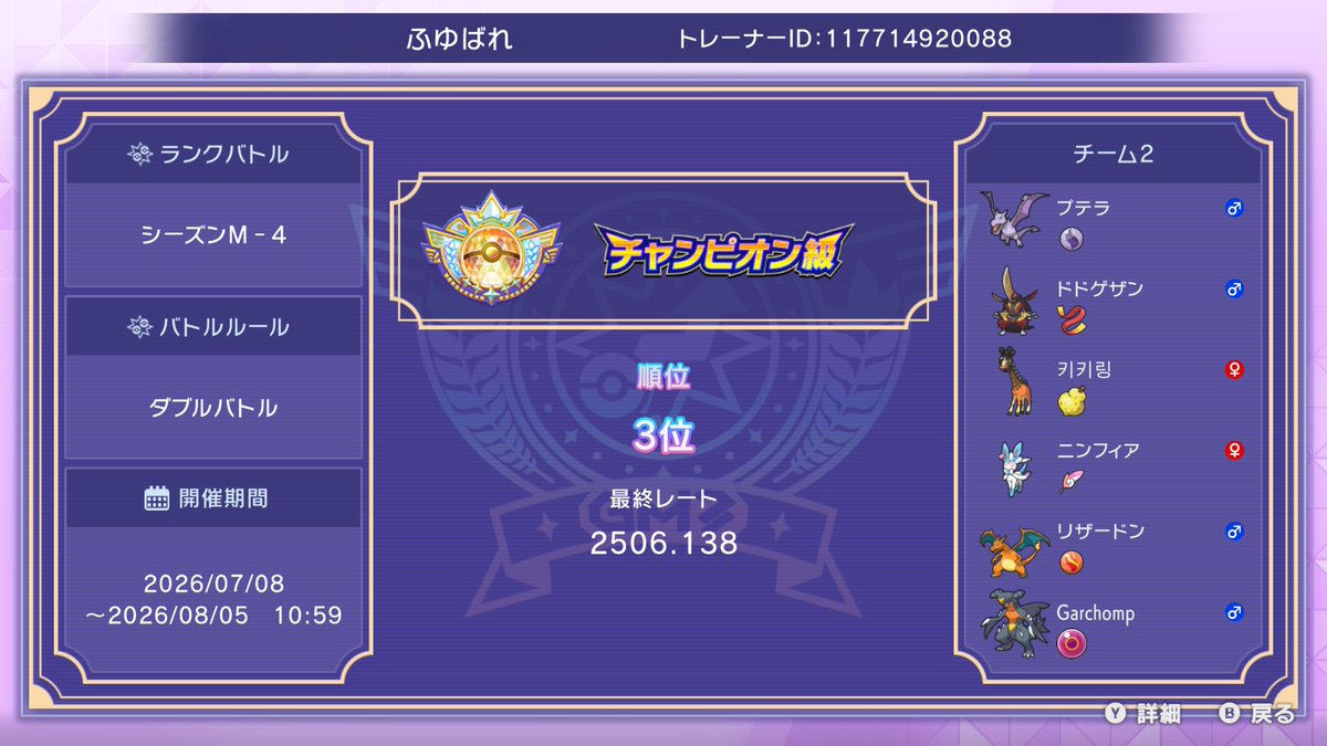 Huyubare_Poke's tweet photo. シーズンM-4最終3位でした！！！
最後2522から潜って勝ってたら最終1位っぽかったからまじで悔しい〜〜〜
世界大会の練習も引き続き頑張ります🔥 https://t.co/pKGl6KycHW