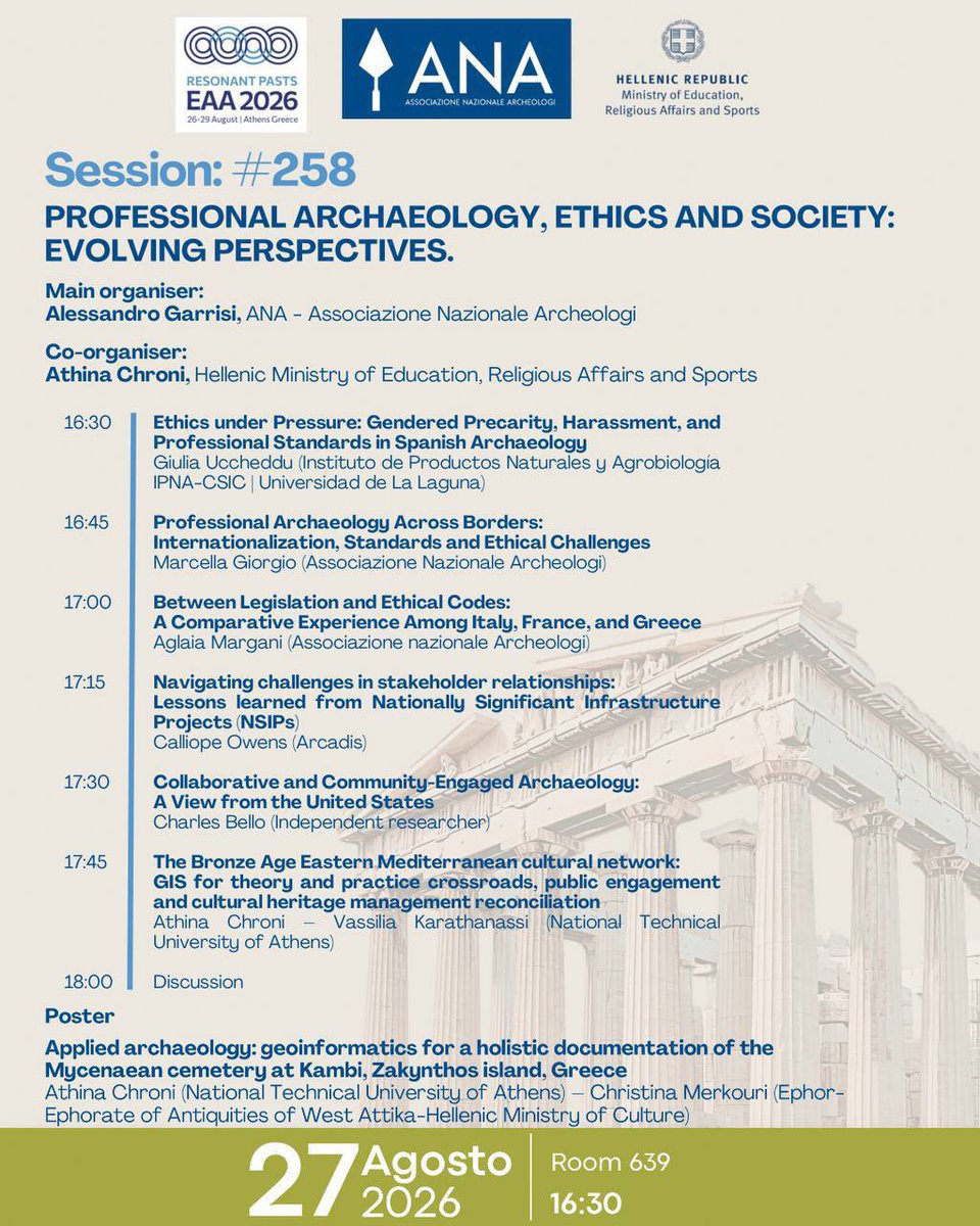 Archeologi's tweet photo. 🔵 Ana Partecipa: EAA - European Association of Archaeologists 2026  🔵 
 
Session 258: "Professional Archaeology, Ethics and Society: evolving perspectives" 

giovedì 27 agosto, ore 16:30
-ROOM 639
Tutte le info al link
https://t.co/zhMtGTZcTL https://t.co/3Rb8GoYHxa