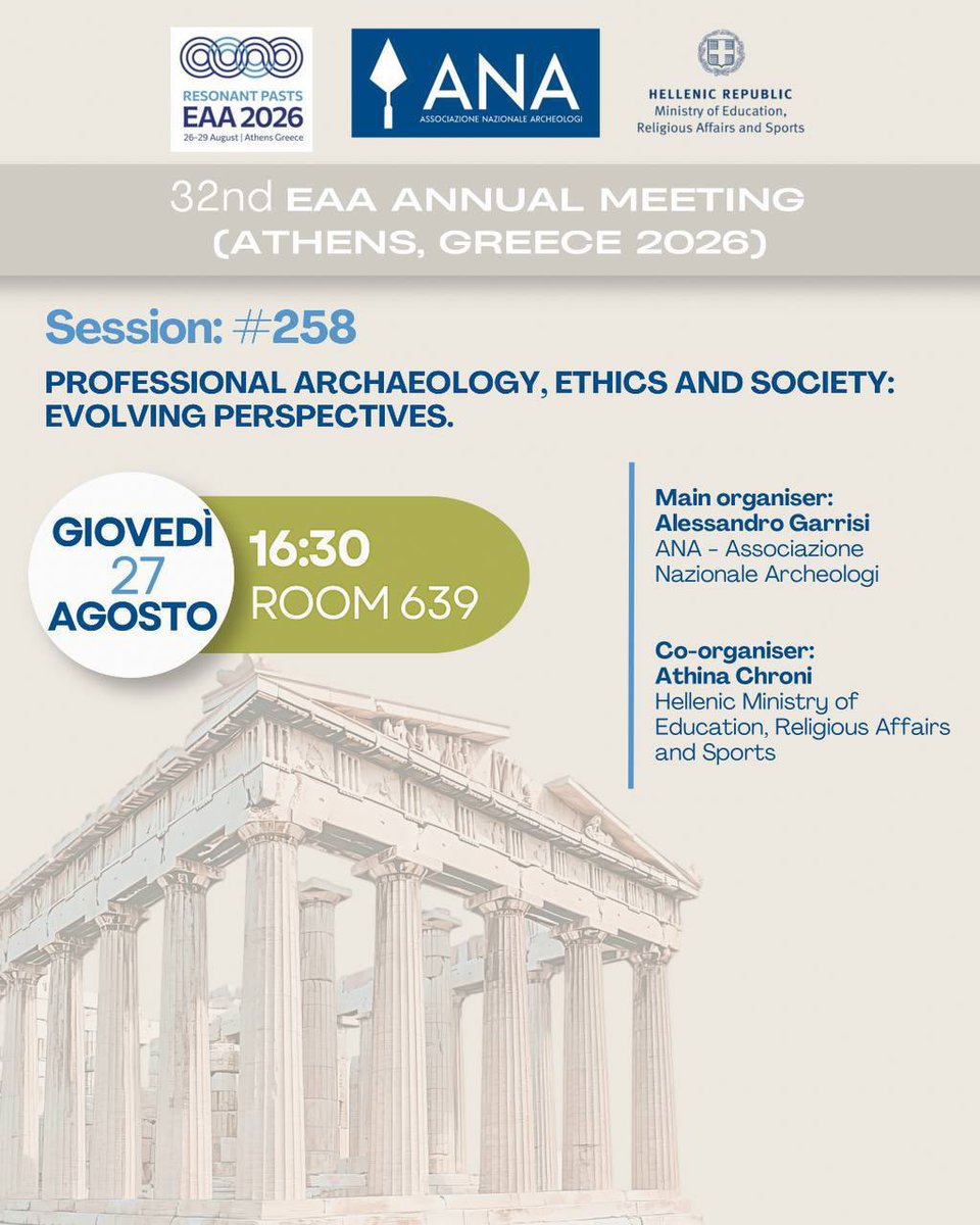 Archeologi's tweet photo. 🔵 Ana Partecipa: EAA - European Association of Archaeologists 2026  🔵 
 
Session 258: "Professional Archaeology, Ethics and Society: evolving perspectives" 

giovedì 27 agosto, ore 16:30
-ROOM 639
Tutte le info al link
https://t.co/zhMtGTZcTL https://t.co/3Rb8GoYHxa