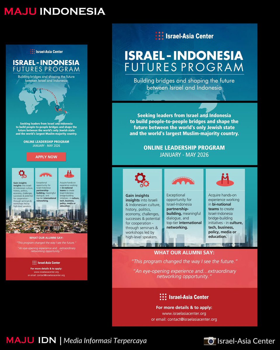MariaAlkaff_'s tweet photo. Inna lillahi wa inna ilaihi rooji’uun… 
Sudah 6 tahun “bermain hubungan” dengan pelaku genosida..! 

Meski Indonesia-Israel tidak memiliki hubungan diplomatik resmi, berbagai bentuk interaksi antara kedua negara terus berlangsung. 

Salah satunya melalui program Israel-Indonesia Futures yang diusung oleh Israel-Asia Center, yaitu sebuah program pertukaran gagasan dan kepemimpinan yang mempertemukan peserta dari Indonesia dan Israel untuk berdialog, berbagi pengalaman, serta membangun jejaring profesional lintas sektor. 

Program yang telah berjalan selama enam tahun ini menunjukkan bahwa ruang komunikasi antara Indonesia dan Israel tetap terbuka. 

Melalui keterlibatan akademisi, pengusaha, profesional, aktivis, hingga pemimpin muda dari kedua negara. 

Penyelenggara menyebut program ini bertujuan membangun jembatan hubungan antarmasyarakat (people-to-people relations), memperkuat dialog lintas budaya, serta membuka peluang kolaborasi di berbagai bidang. 

Pendaftaran untuk angkatan berikutnya dijadwalkan dibuka pada September 2026, sementara program akan kembali diselenggarakan pada 2027. 

Melalui website resminya israelasiacenter. org, penyelenggara menegaskan jika mereka tidak akan mempublikasikan pembicara, peserta, partner atau lainnya yang terlibat di program ini karena permasalahan sensitivitas antar kedua negara. 

Sc. maju. idn
