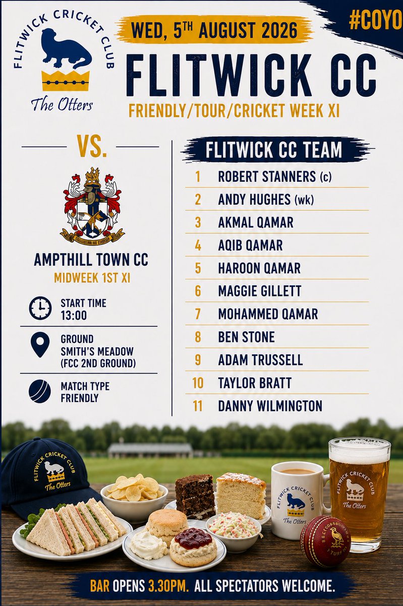 FlitwickCC's tweet photo. Cricket Week day 2 sees another stellar Otters XI, including a quartet of Qamars, taking on local rivals @AmpthillTownCC 

The bar opens from 3.30pm, so come along after work, enjoy a drink and watch the cricket. 

Spectators always welcome. 

#COYO 🏏🍺 🦦 https://t.co/3Jylz67Mf4