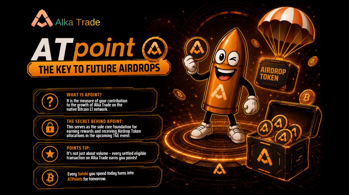 Alka_Trade's tweet photo. ATpoint  – THE KEY TO FUTURE AIRDROPS

Every trading action you take on Alka Trade starting today is being recorded behind the scenes via the ATPoint (Alka Trade Points) system!

What is ATPoint? It is the measure of your contribution to the growth of Alka Trade on the native Bitcoin L1 network.

The secret behind ATPoint: This serves as the sole core foundation for earning rewards and receiving airdrop token allocations in the upcoming TGE event.

Points Tip: It’s not just about volume every settled eligible transaction on Alka Trade earns you points!