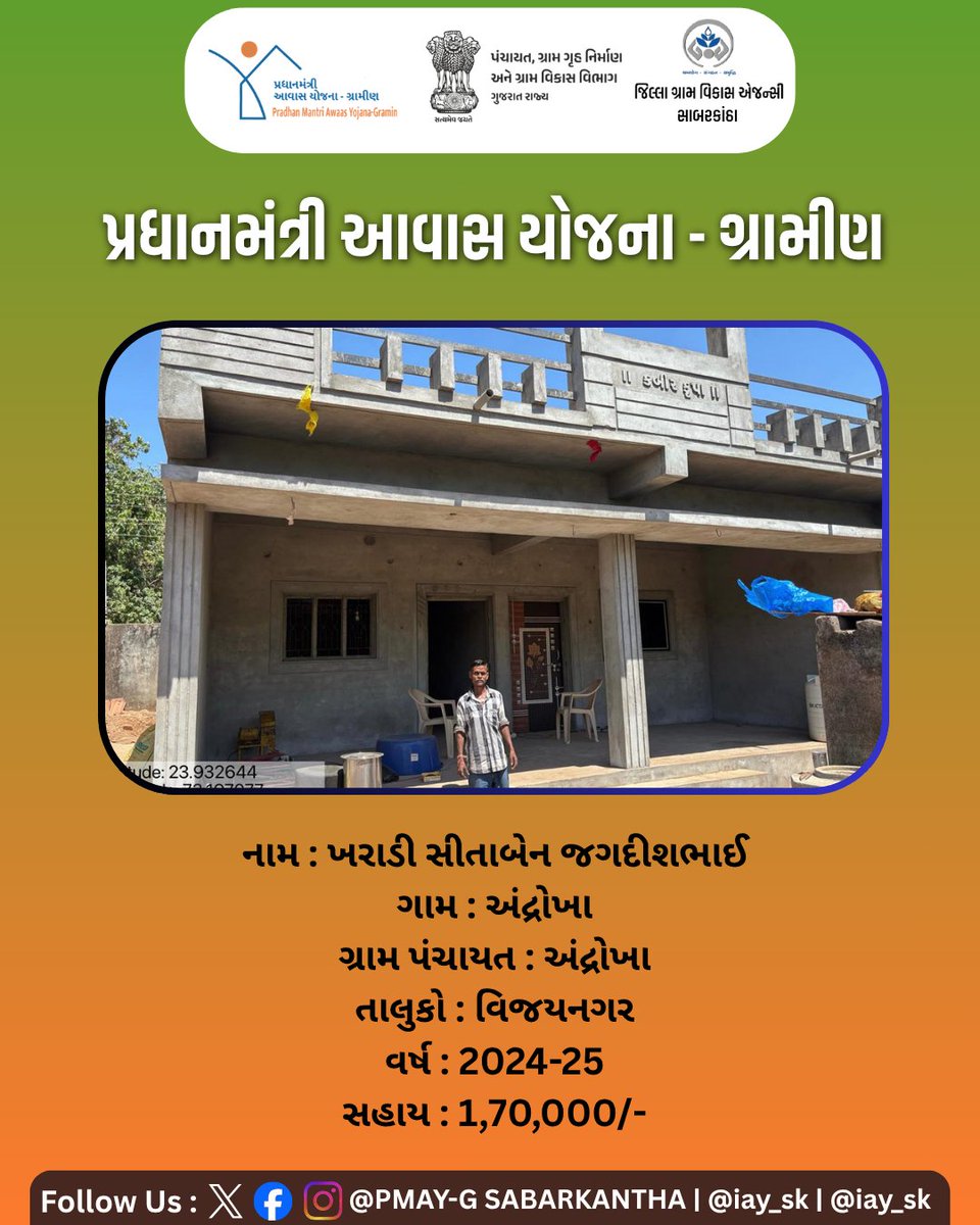 iay_sk's tweet photo. યોજના : પ્રધાનમંત્રી આવાસ યોજના(ગ્રામીણ) 

નામ : ખરાડી સીતાબેન જગદીશભાઈ
ગામ : અંદ્રોખા
ગ્રામ પંચાયત : અંદ્રોખા
તાલુકો : વિજયનગર
વર્ષ : 2024-25
સહાય : 1,70,000/- 

#PMAYG #PradhanMantriAwasYojana #HousingForAll #AwasYojana #RuralHousing #GraminAwas #Sabarkantha #Gujarat #ViksitBh https://t.co/6zOm7CyWgi