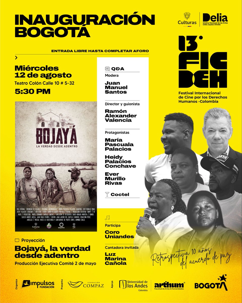 FICDEH's tweet photo. ¡Inauguración #FICDEH! 🕊️ Estreno de ‘Bojayá, la verdad desde adentro’.

🎟️ Entrada libre c/ inscripción: https://t.co/i1mAIsTw55🍸 Cóctel https://t.co/Qn6kxaLaim
