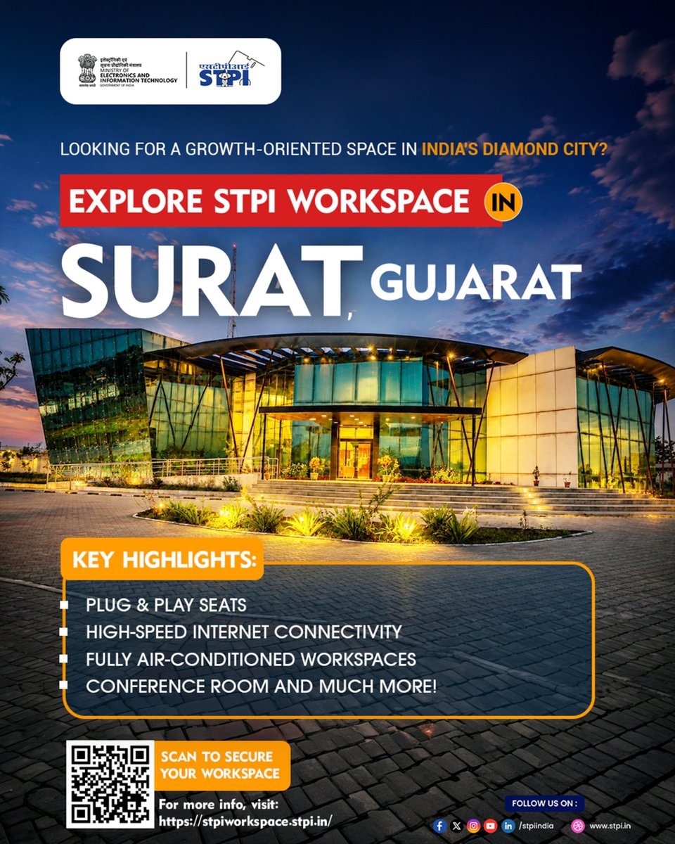 stpiindia's tweet photo. Looking for a workspace in one of India's fastest-growing business destinations?🚀

Set your business up for success at STPI Workspace in Surat, where modern infrastructure meets a professional environment designed for startups, entrepreneurs, and growing businesses.

What you'll get:
✔️ Plug & play seats
✔️ High-speed internet connectivity
✔️ Fully air-conditioned workspaces
✔️ Conference room facilities and much more!

Whether you're launching a new venture, expanding your operations, or establishing your presence in Gujarat, STPI Workspace in Surat provides the ideal space to collaborate, innovate, and grow. 🏢✨

Limited workspaces available in Surat!

➡️ Apply now: https://t.co/Lma8FwNd0l

#STPI #Surat #Gujarat #Workspaces #StartupIndia #OfficeSpace #Innovation #BusinessGrowth #ProfessionalSpaces #Entrepreneurship #StartupEcosystem

@GoI_MeitY @AshwiniVaishnaw @JitinPrasada @SecretaryMEITY @arvindtw @_DigitalIndia @NeGD_GoI @startupindia @myHQSpace @coworkerglobal @WeWorkIndia @ficci_india @FollowCII @ASSOCHAM4India @CMOGuj
@Bhupendrapbjp @InfoGujarat @MySuratMySMC @CommissionerSMC @collectorsurat
