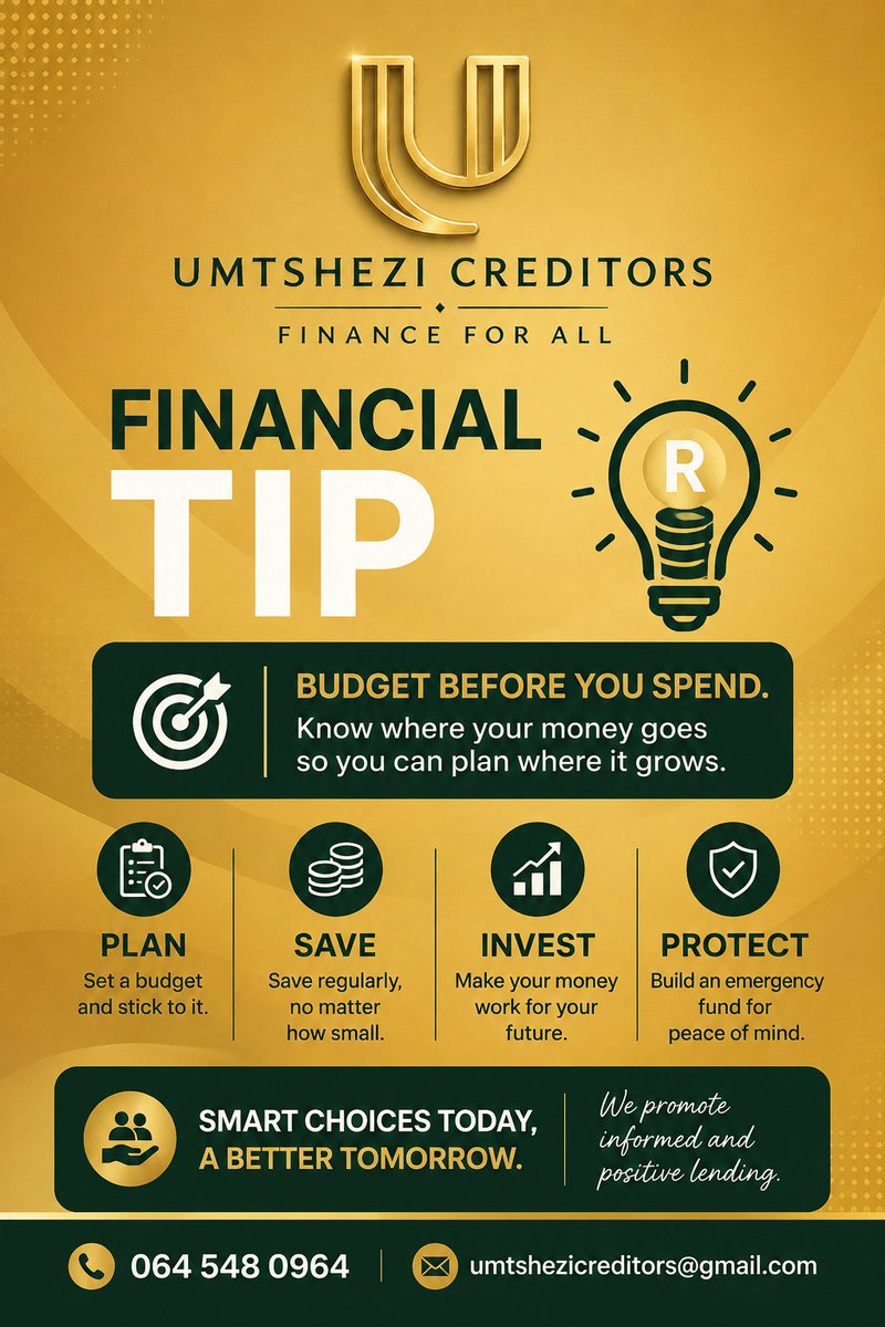 uMtsheziCredit's tweet photo. π¨ Financial Tips with uMtshezi Creditors.
#financialadvisors #financialeducation #creditaccess #financialrelief #umtshezicreditors https://t.co/9pgb5yRliS