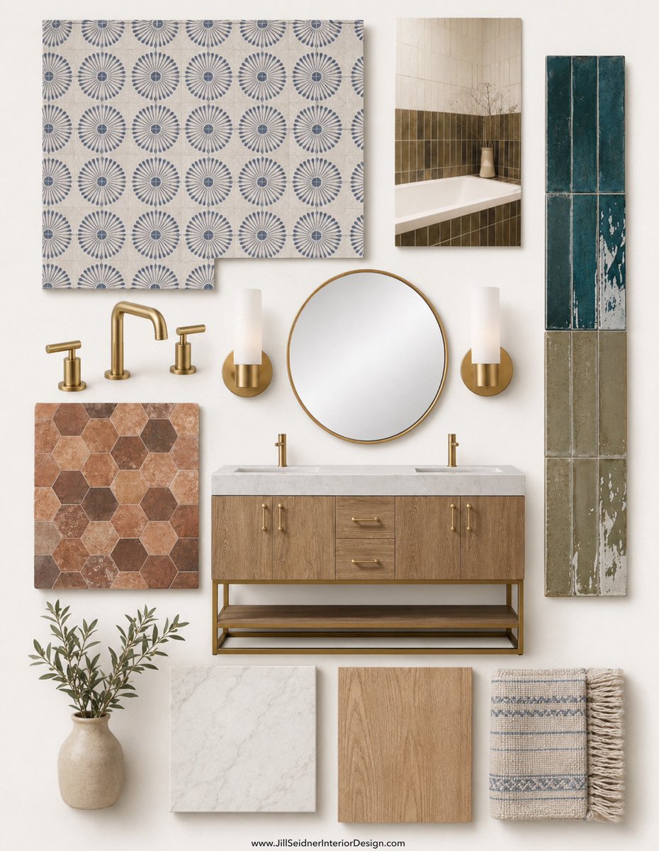 JSInteriorDes's tweet photo. Warm wood, aged brass, patterned tile, and deep blue-green accents give this bathroom a collected, timeless feel.
See more design inspiration:
https://t.co/o8lpO6T9K6
#BathroomDesign #InteriorDesign #BathroomInspiration #TileDesign #HomeDesign https://t.co/Z3g2JlGwjP