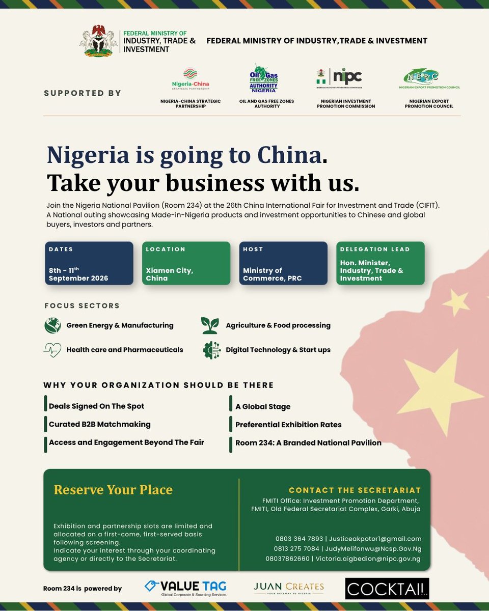 Valuetag_global's tweet photo. Take your business global  🇳🇬🤝🇨🇳
Export-focused businesses are invited to join Nigeria's Official Delegation to the 26th CIFIT in China

✅ Exhibit at Nigeria's National Pavilion
✅ Connect with investors
✅ Visa support 

Registration: $1,500

For support, contact Value Tag https://t.co/E16DknEEuJ