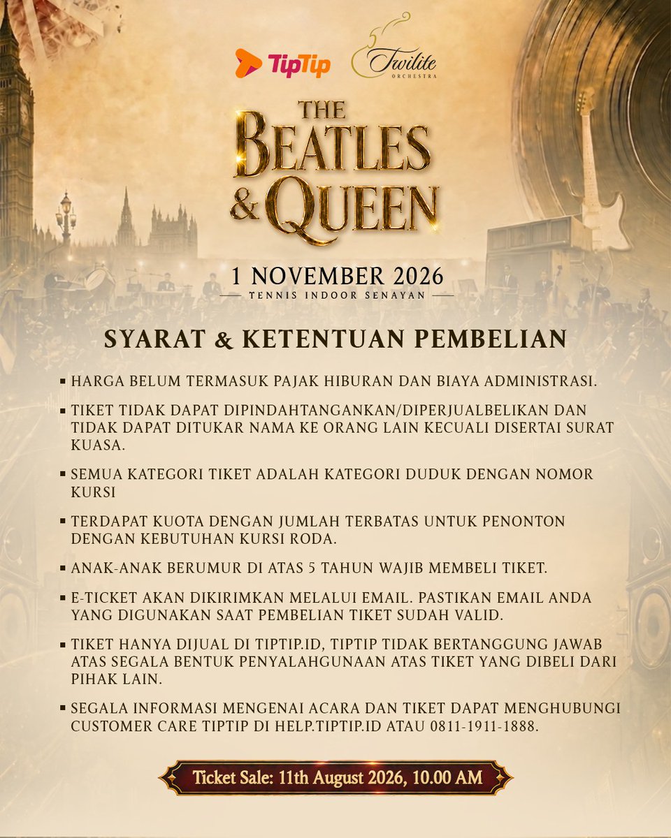 addiems's tweet photo. THE BEATLES &amp; QUEEN
      Sandhy Sondoro
       Marcello Tahitoe
                     LiLo

      Twilite Orchestra
Conducted by Addie MS

Tennis Indoor Senayan
1 November 2026

Penjualan tiket dibuka pada:
11 Agustus 2026, pukul 13.00 WIB, di https://t.co/ZBbzL7IAXC

. https://t.co/hwwG9GukZ2