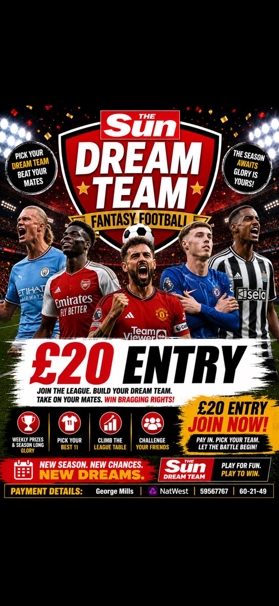 Millsy_90's tweet photo. And it’s Live✅
£20 entry, give me a message once paid and the league pin will be sent over to you👍🏼
Reposts appreciated🤝
#SDT
#SunDreamTeam https://t.co/uOsiS5impA
