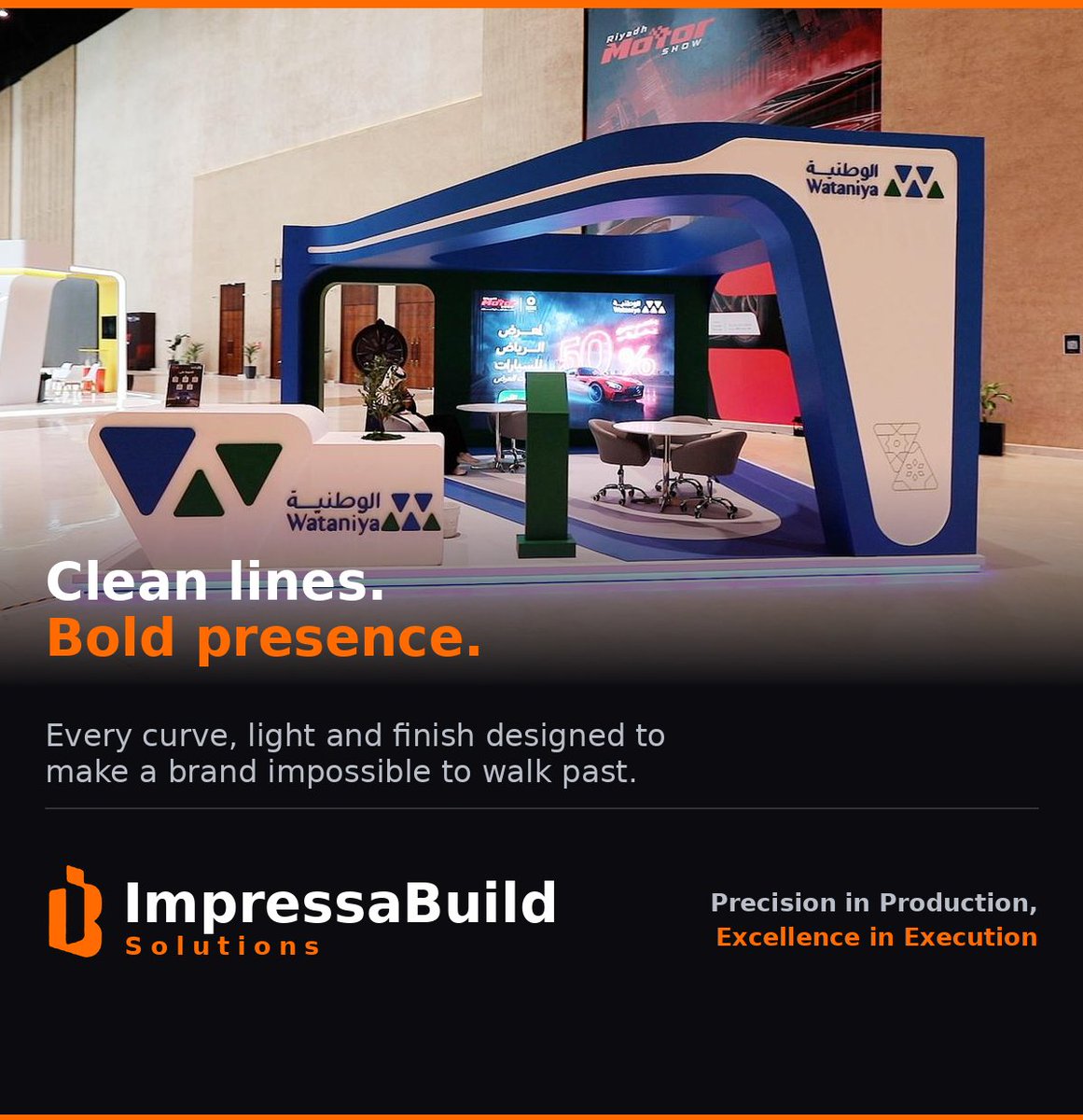 impressabuild's tweet photo. Clean lines. Bold presence. 🔨

A great stand doesn't need to shout to get noticed — it needs to be designed with intent. Every curve, every light, every finish here was placed for a reason: to make the brand impossible to walk past.

That's the difference between a booth and a statement.

ImpressaBuild Solutions

#ImpressaBuild #ExhibitionBooth #BoothDesign #EventProduction #ExhibitionDesign #StandDesign #EventDesign #SaudiArabia #Riyadh #Jeddah #EventProfessionals #BoothBuild #EventIndustry #BrandedEvents #RiyadhMotorShow