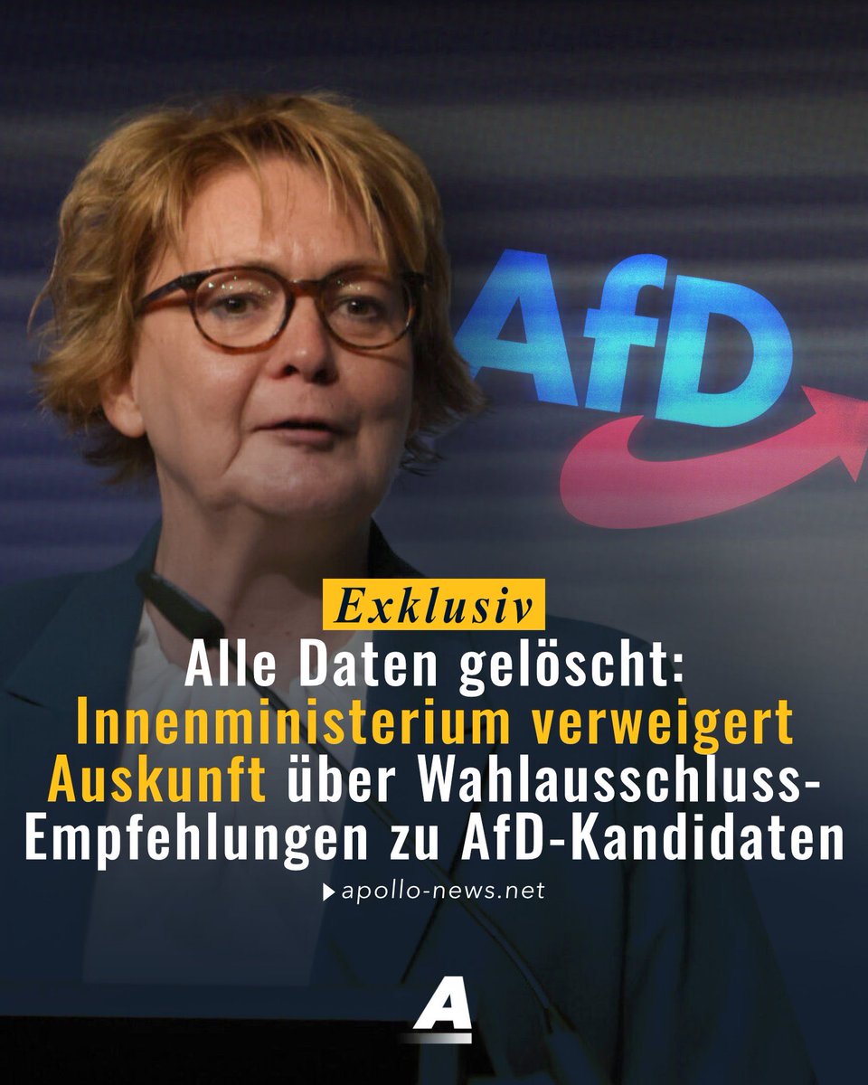 maxmannhart's tweet photo. Exklusiv: Das niedersächsische Innenministerium hat alle Daten zu den AfD-Wahlausschlüssen gelöscht. 

Gegenüber Apollo News verweigert man die Auskunft, in wie vielen Fällen das Ministerium den Wahlausschluss eines AfD-Kandidaten empfohlen hat - erinnern will sich offenbar auch kein Beamter mehr.

Da wird sicher alles mit rechten Dingen zugegangen sein! 

https://t.co/rts03aDVlq