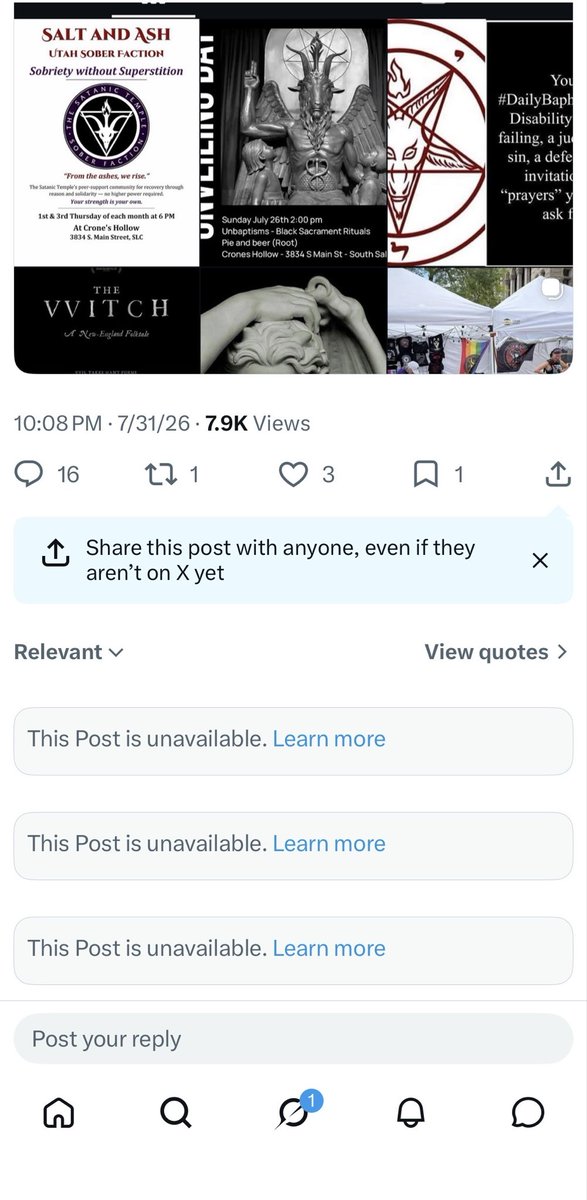 LucyNova137's tweet photo. @ChurchofSatan  I’m not saying you guys have anything to do with this, but I find it very odd. All my reply’s to you and your members on that original post and the one afterwords are all gone making it appear as if there is only a one way conversation going on amongst yourselves. I can’t see my own replies to your comments in my own posts. 
So when you accused me of deleting my comments, I replied back that I didn’t- but I doubt you can see that. If you say something here in this post and I try to reply to you, more than likely you will not see my comments back to you. Only my posts are visible. Not my comments. And only in my private replies section am I able to see one surface reply from myself to you guys. So for the record, I have not blocked you, hid my replies and coward from debate. And it’s obvious in my last post that grock concluded no fallacy was committed after context was applied. I have been trying to get a hold of X support to find out the reasoning for this. Hopefully you or your members haven’t tried to silence me by submitting false reports whilst being emotionally triggered as many were. Thank you for your attention to this matter.