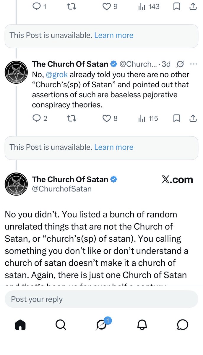 LucyNova137's tweet photo. @ChurchofSatan  I’m not saying you guys have anything to do with this, but I find it very odd. All my reply’s to you and your members on that original post and the one afterwords are all gone making it appear as if there is only a one way conversation going on amongst yourselves. I can’t see my own replies to your comments in my own posts. 
So when you accused me of deleting my comments, I replied back that I didn’t- but I doubt you can see that. If you say something here in this post and I try to reply to you, more than likely you will not see my comments back to you. Only my posts are visible. Not my comments. And only in my private replies section am I able to see one surface reply from myself to you guys. So for the record, I have not blocked you, hid my replies and coward from debate. And it’s obvious in my last post that grock concluded no fallacy was committed after context was applied. I have been trying to get a hold of X support to find out the reasoning for this. Hopefully you or your members haven’t tried to silence me by submitting false reports whilst being emotionally triggered as many were. Thank you for your attention to this matter.