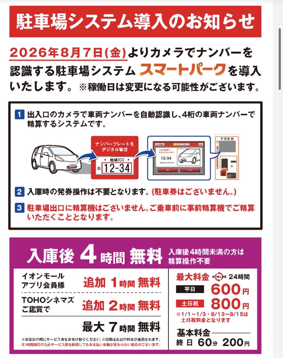 toyamap's tweet photo. ［とやまさんメモ］まもなく高岡イオン駐車場有料化。なんかようわからない人は4時間以内に用事を済ませたほうがよさそう。 https://t.co/mGhRwUwPh1