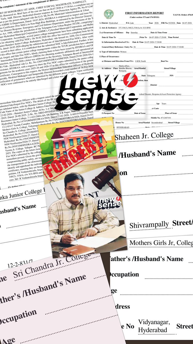 Shyamsundarak6's tweet photo. 🟥NEW SENSE
#Hydraa
#Forgery
#Colleges
#NOC
B I G B R E A K I N G
హైడ్రా పేరుతో ఫోర్జరీ నో అబ్జెక్షన్ సర్టిఫికెట్లు..!
బ్రోకర్ల మాయాజాలం..!
కాలేజీ యాజమాన్యాల నుండి లక్షలు వసూల్ చేసి ఫోర్జరీ ఎన్ ఓ సీ లు ఇచ్చిన బ్రోకర్లు..!
అవి నిజమైన నిరభ్యంతర సర్టిఫికెట్ అని భావించి మోసపోయిన యాజమాన్యాలు..!
హైడ్రా సిబ్బందిపై అనుమానాలు..!
ఈ ఫోర్జరీ దందాకు తెర తీసింది హైడ్రా సిబ్బంది అంటూ ఆరోపిస్తున్న యాజమాన్యాలు...!
హైడ్రా కమిషనర్ రంగనాథ్ దృష్టికి వెళ్లకుండా తప్పుదోవ పట్టించినట్లుగా భావిస్తున్న యాజమాన్యాలు..!
తనకు ఎన్ ఓ సీ ఉందని ఇంటర్ బోర్డు అధికారులతో వాదనకు దిగిన హైందవి కాలేజీ యజమాని..!
తీరా తనిఖీ చేయగా హైడ్రా ఎన్ ఓ సీ నకిలీదని తేలిన వైనం..!
దీంతో మొత్తం కాలేజీల ఎన్ ఓ సీ పత్రాల తనిఖీలు చేపట్టిన అధికారులు..!
నగరంలో సంచలనం రేపుతున్న ఫోర్జరీ వ్యవహారం..!
.......