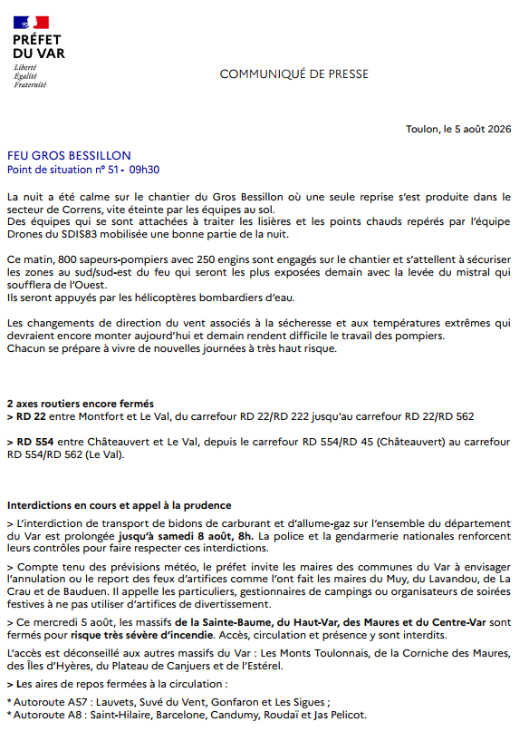Prefet83's tweet photo. #Feu #GROSBESSILLON | Mercredi 5 août  - 09h30          ✔ Point de situation⤵️
> Une seule reprise durant la nuit.
> Les sapeurs-pompiers sécurisent les lisières et les points qui seront exposés au Mistral demain.
> Interdictions en cours et appel à la prudence. https://t.co/eTiqDjty6F