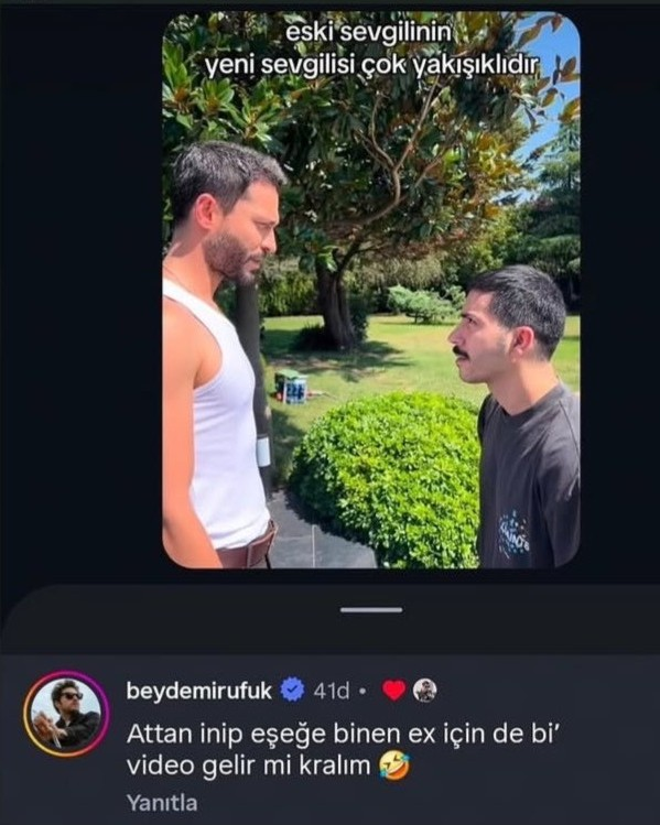 bosunatiklama's tweet photo. Ufuk Beydemir'in, eski eşi İpek Filiz Yazıcı'nın yeni sevgilisiyle yaptığı paylaşımın ardından farklı bir videoya yaptığı yorum:

"Attan inip eşeğe binen ex için de bir video gelir mi?" https://t.co/XJYjSVRGBK
