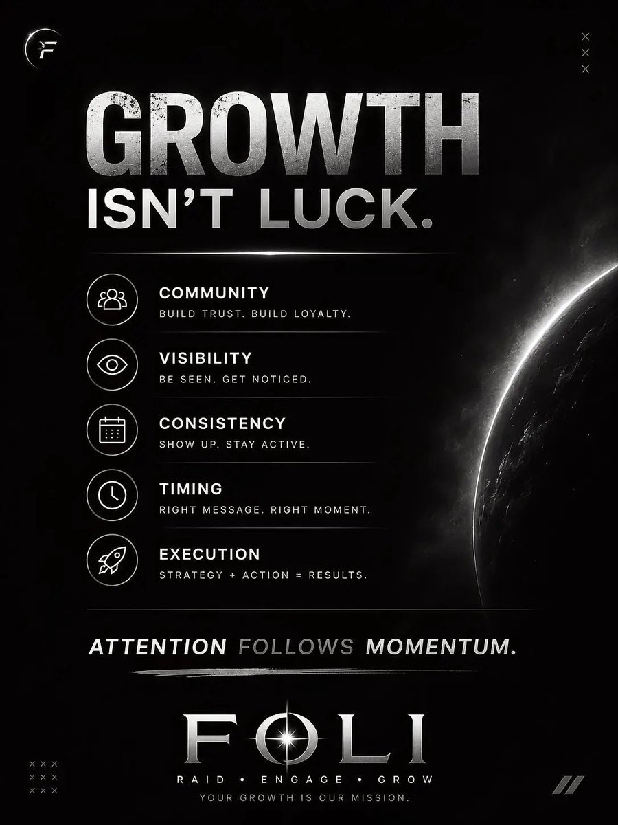 FOLIRAIDTEAM's tweet photo. Most projects think growth comes from posting more.

In reality, growth comes from:

• Consistency
• Community trust
• Timing
• Visibility
• Strong engagement

A great product with no attention remains invisible.

🌑

#FOLI #crypto #web3 #Blockchain https://t.co/pOtkGOI7tJ