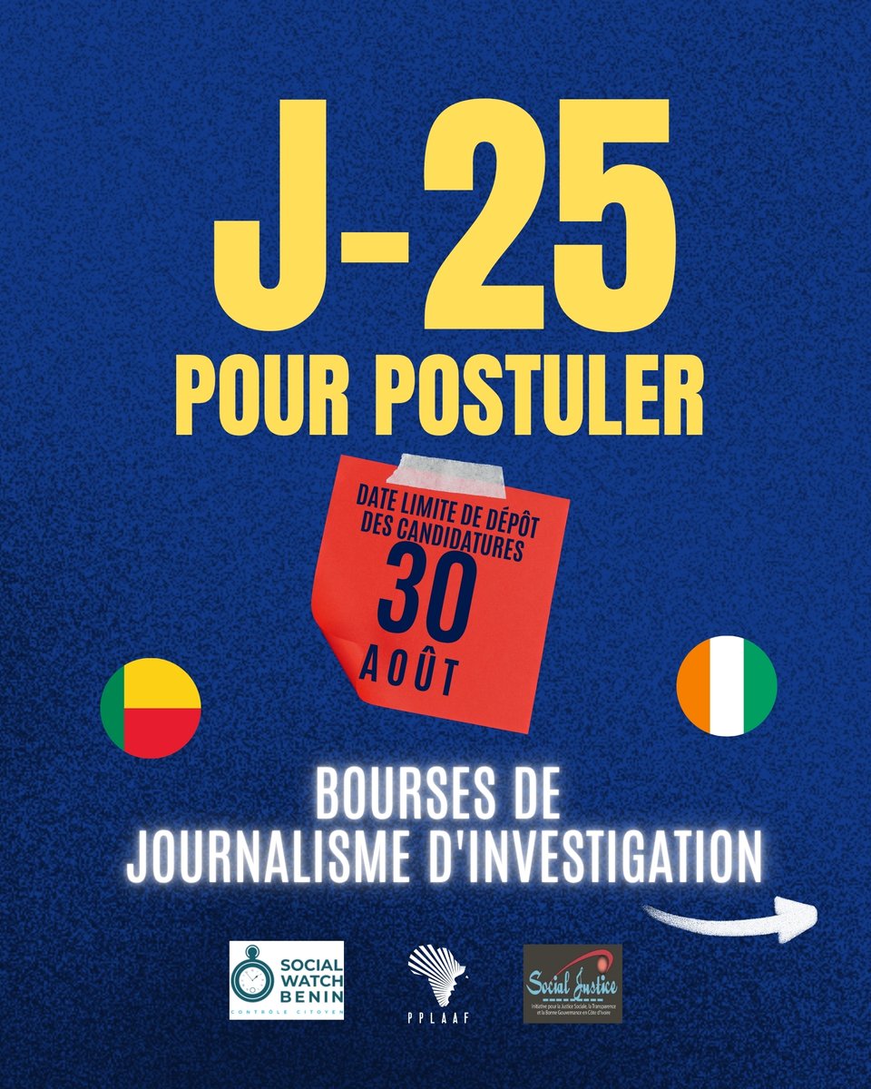 PPLAAF's tweet photo. #Benin 🇧🇯/ #CIV 🇨🇮:

📢 J-25 pour postuler aux bourses de journalisme d'investigation

Vous enquêtez au Bénin ou en Côte d'Ivoire ou sur des sujets liés au pays ?

 Vous souhaitez bénéficier d'un soutien pour mener des investigations d'intérêt public ?

Si oui, cette opportunité est pour vous !