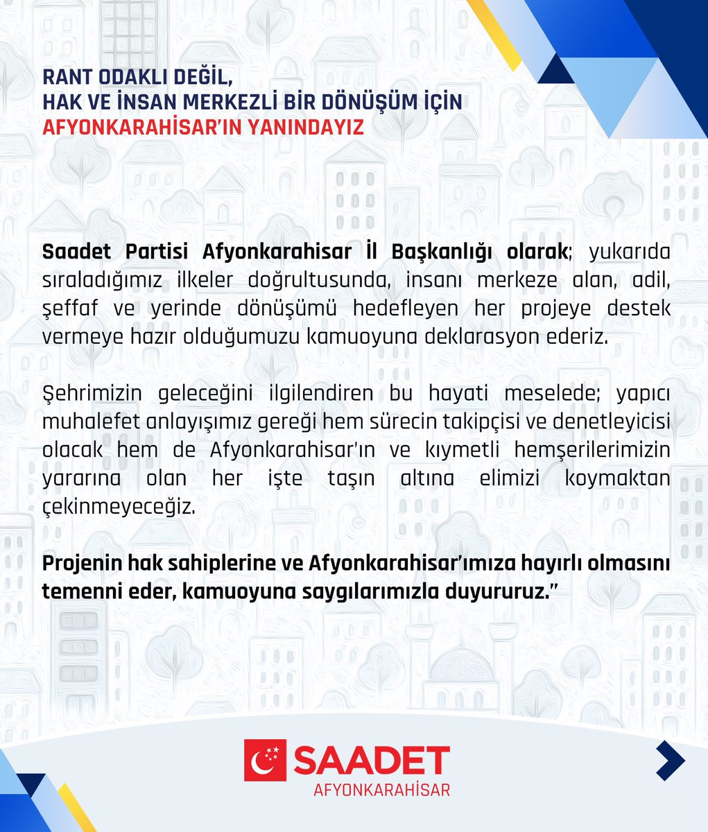saadetafyonn's tweet photo. RANT ODAKLI DEĞİL, HAK VE İNSAN MERKEZLi BiR KENTSEL DÖNÜŞÜM İÇiN AFYONKARAHiSAR’IN YANINDAYIZ!

Saadet Partisi olarak; belirlenecek ilkeler doğrultusunda, insanı merkeze alan, adil, şeffaf ve yerinde dönüşümü hedefleyen her projeye destek vermeye hazır olduğumuzu ifade ediyoruz. https://t.co/U1F71JkNZ9