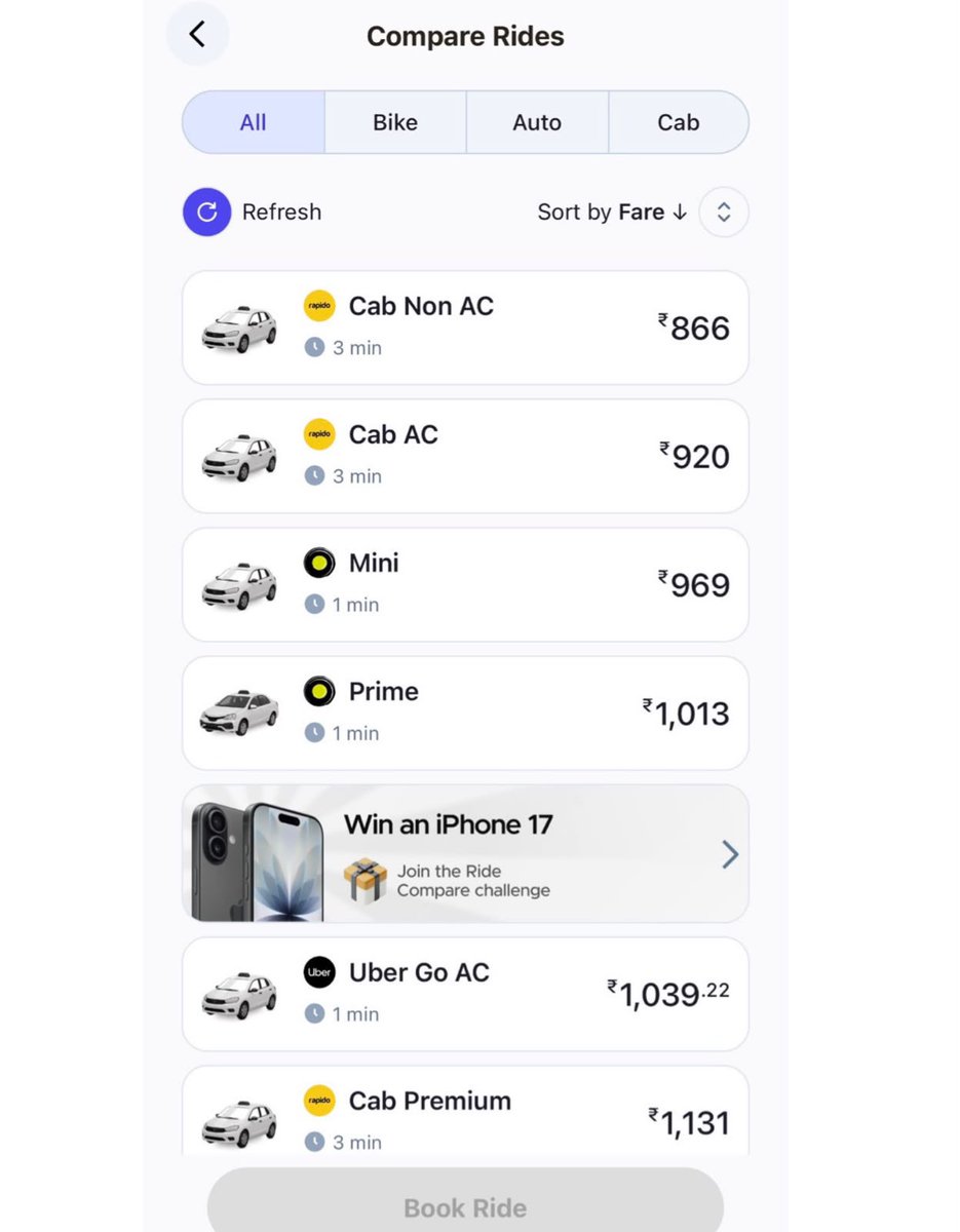 Shubham43027700's tweet photo. Reached at Bengaluru railway station and was about to book an auto for almost ₹300 😭

Then I randomly checked Buyhatke’s Compare Rides feature… and found an Uber Go for just ₹179 instead 

Didn’t expect price comparison to save this much on a short ride.