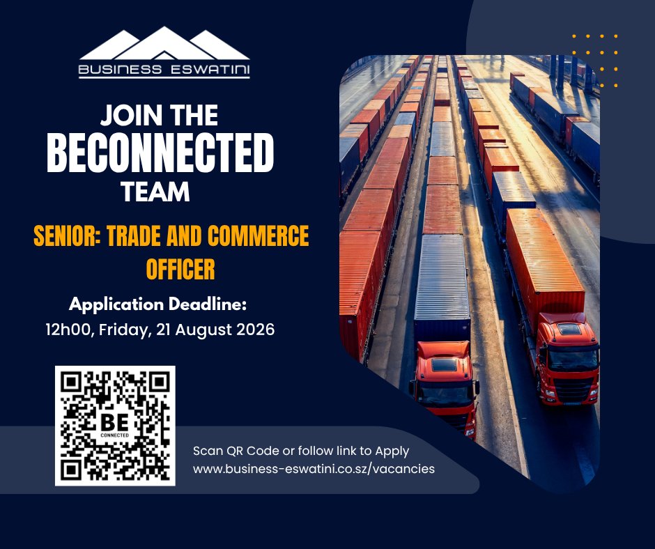 BEswatini's tweet photo. Join the BE Connected Team as our Senior Trade and Commerce Officer. Apply by 21 August 2026. Scan the QR Code or follow link; https://t.co/lRFiDJzG4F
#BEConnected #TradeAndCommerce https://t.co/S6KZuqPs3M
