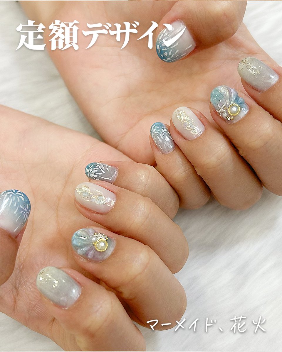 Qunt_nail's tweet photo. #ネイル #ネイルデザイン
マーメイドデザインに花火が夏らしいこちら。
透き通るブルーは夏が一番にあう☀️ https://t.co/V6q518S5Fm