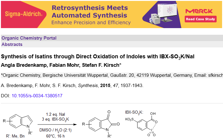 organic_portal's tweet photo. https://t.co/0LRnihTeYc
The reagent mixture NaI/IBX-SO3K, containing a sulfonylated derivative of 2-iodoxybenzoic acid, was employed for an oxidative direct conversion of indoles into isatins. https://t.co/d4lANybCde