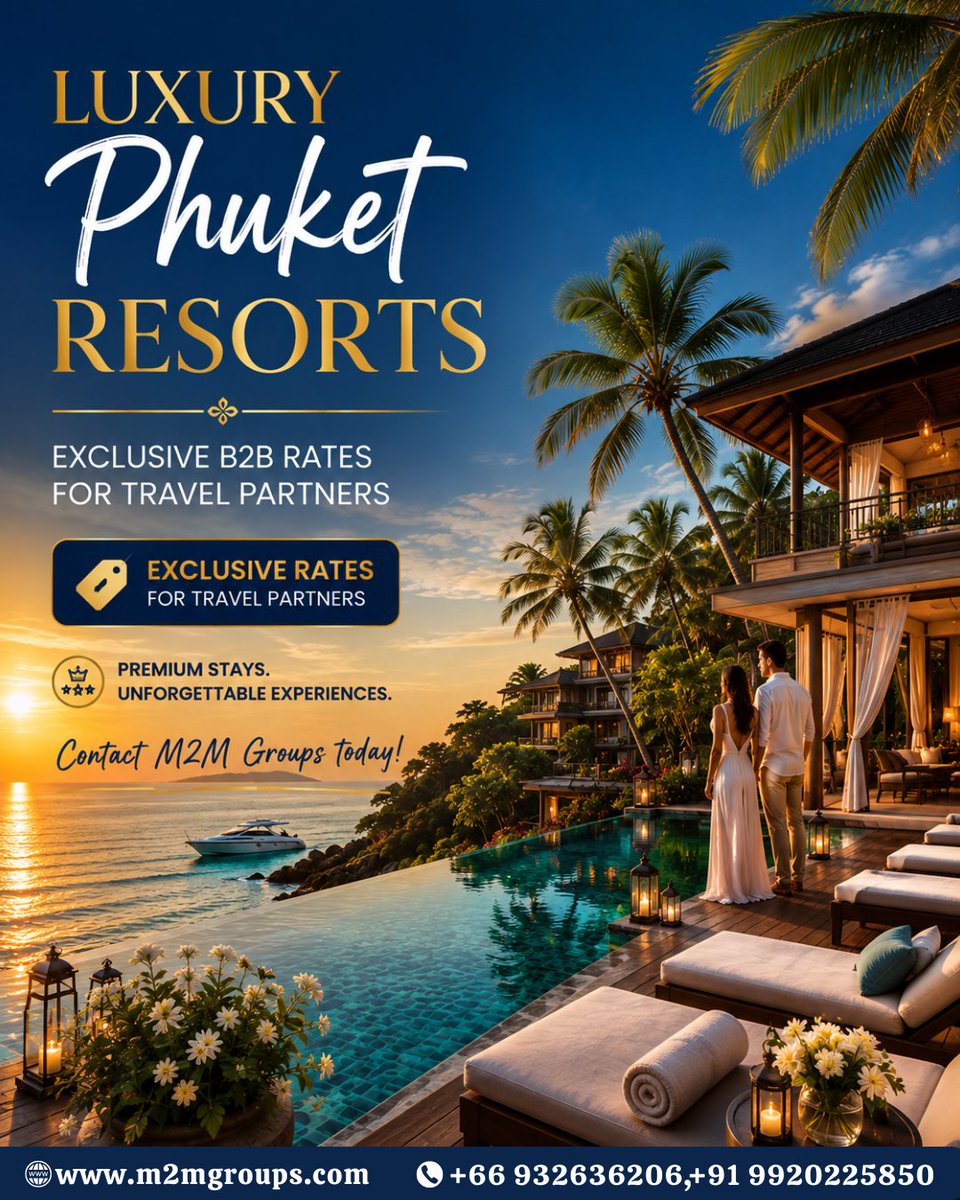 M2M_Groups's tweet photo. Luxury stays, exclusive B2B rates, and unforgettable Phuket experiences. 🌴✨

Partner with M2M Groups and offer your clients premium resorts at competitive rates.

#Phuket #LuxuryTravel #M2MGroups https://t.co/segasE61Jo