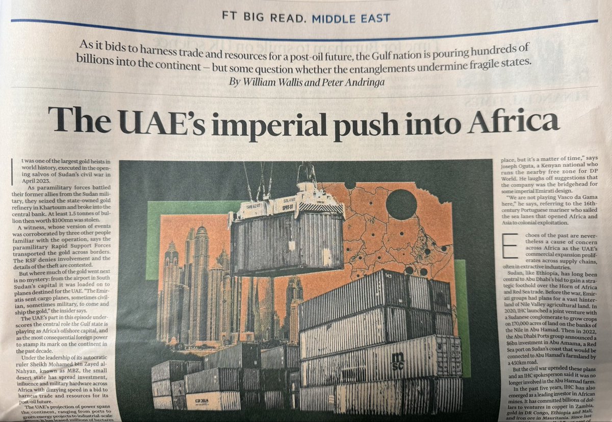 MenchOsint's tweet photo. The UAE's imperial push into Africa – FT

"It was one of the largest gold heists in world history, executed in the opening salvos of Sudan’s civil war in April 2023.

As paramilitary forces battled their former allies from the Sudan military, they seized the state-owned gold refinery in Khartoum and broke into the central bank. 

At least 1.5 tonnes of bullion worth $100mn at that time was stolen, together with jewellery raided from safe-deposit boxes at commercial banks.

A witness, whose version of events was corroborated by three other people familiar with the operation, says the paramilitary Rapid Support Forces transported the gold across borders, including to neighbouring Chad and South Sudan. The RSF denies involvement and the details of the theft are contested.

But where much of the gold went next is no mystery: from the international airport in South Sudan’s capital, it was loaded on to planes destined for the UAE"

https://t.co/vBn9Ysa5Lb