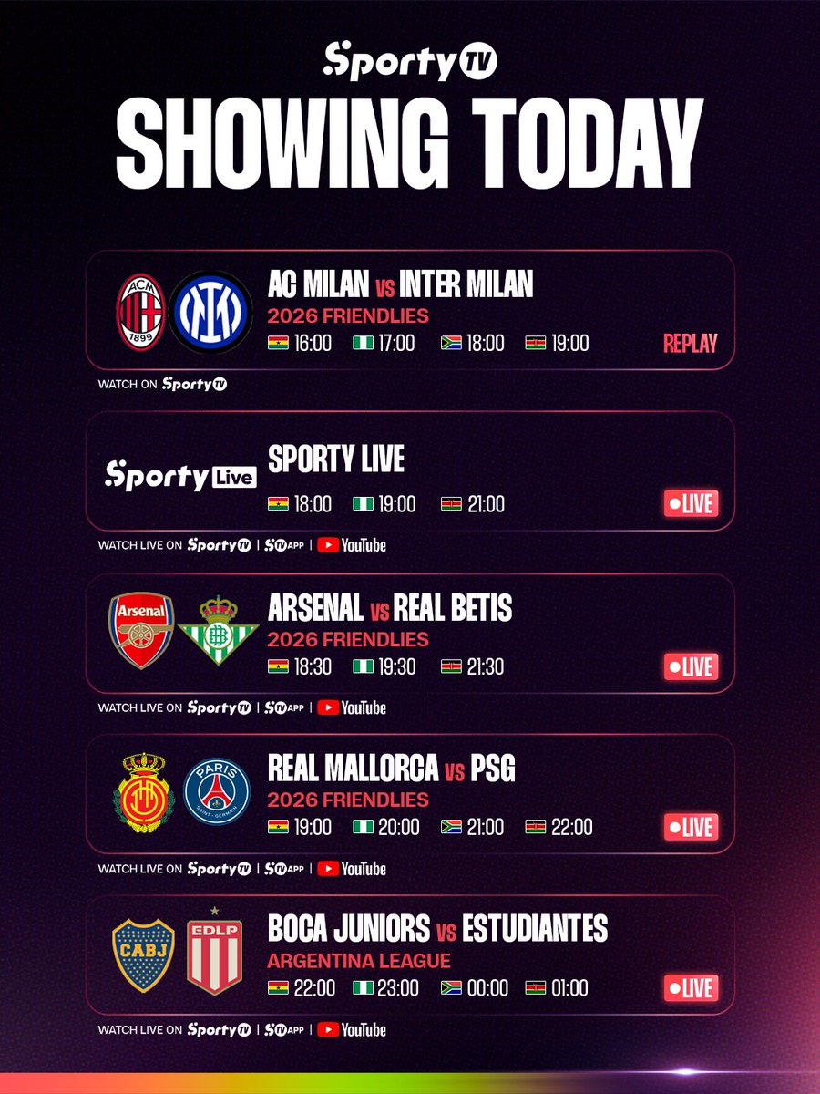 SportyTV's tweet photo. What's LIVE on SportyTV today? 📺🔥

⚽️ Chelsea vs Juve and Milan vs Inter ⏳
🗞️ SportyNews pre and post match ⏳
🔢 SportyCodes ⏳
🔥 Arsenal vs Real Betis and Mallorca vs PSG (🇿🇦)
📺 SportyLive pre and post match ⏳

A football-packed Wednesday awaits! Don't miss a moment on SportyTV 😎📺📲