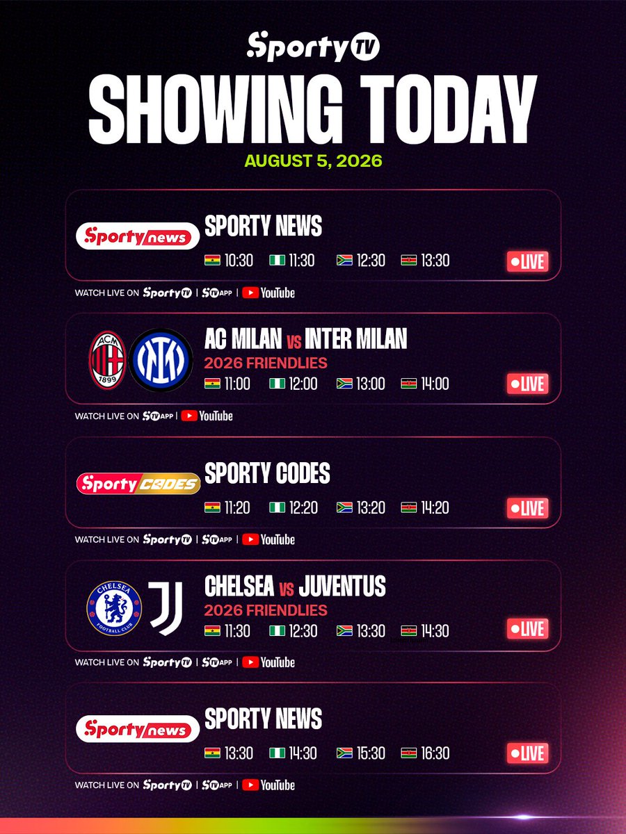 SportyTV's tweet photo. What's LIVE on SportyTV today? 📺🔥

⚽️ Chelsea vs Juve and Milan vs Inter ⏳
🗞️ SportyNews pre and post match ⏳
🔢 SportyCodes ⏳
🔥 Arsenal vs Real Betis and Mallorca vs PSG (🇿🇦)
📺 SportyLive pre and post match ⏳

A football-packed Wednesday awaits! Don't miss a moment on SportyTV 😎📺📲