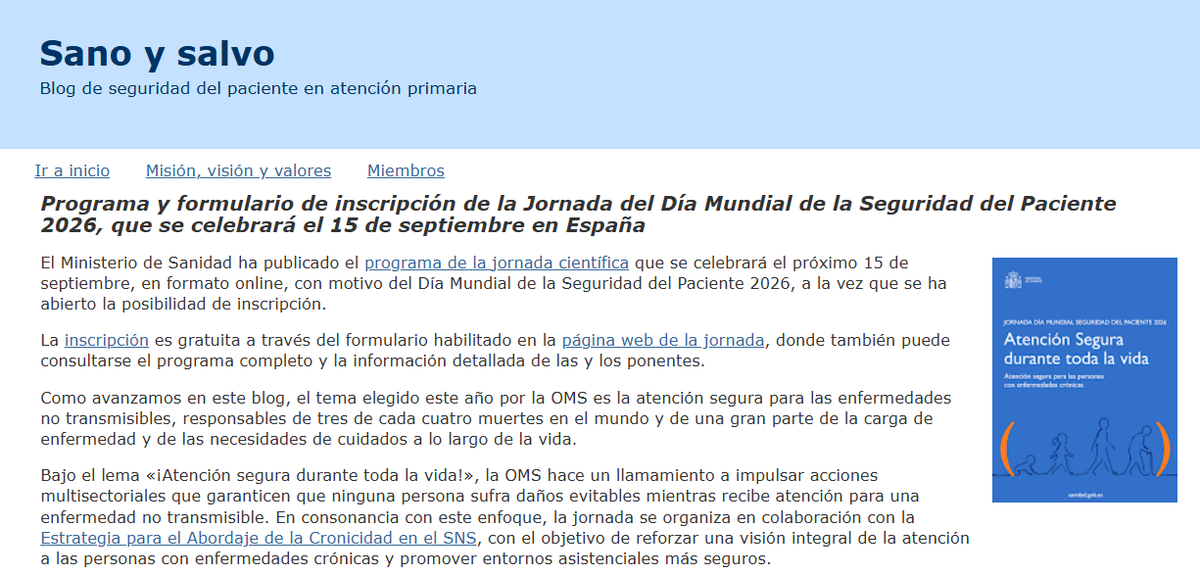 sanoysalvoblog's tweet photo. Jornada del Día Mundial de la Seguridad del Paciente 2026, 15 de septiembre en España
. Organizan Ministerio de Sanidad y equipo de Estrategia para el Abordaje de la Cronicidad del SNS
. Programa completo e inscripción: https://t.co/ggtBwUGb4u
#SegPac
https://t.co/J24V57aqdA https://t.co/ETbi3FRruD